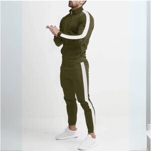 Men's Military Green & White Side Stripe Zip Up Top & Pants Athletic Outfit